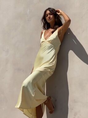 Billy J Ziah Pastel Yellow Satin Maxi Dress